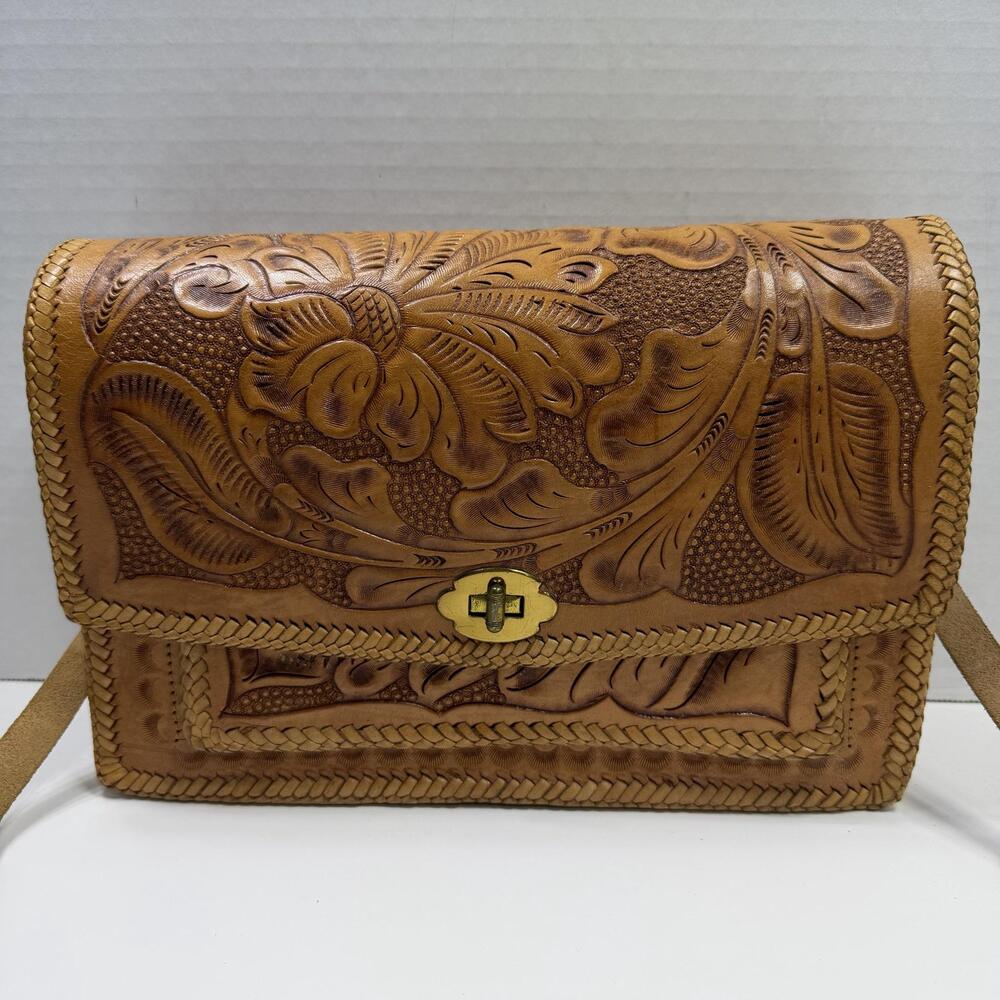 Vintage Tooled Leather Crossbody Purse Bag Womens Small Brown Floral Western